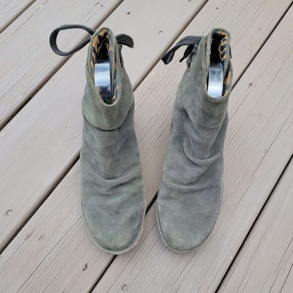 Fly London Yama OD Olive Drab Avocado Green Suede Leather Platform Wedge Booties - Picture 5 of 10